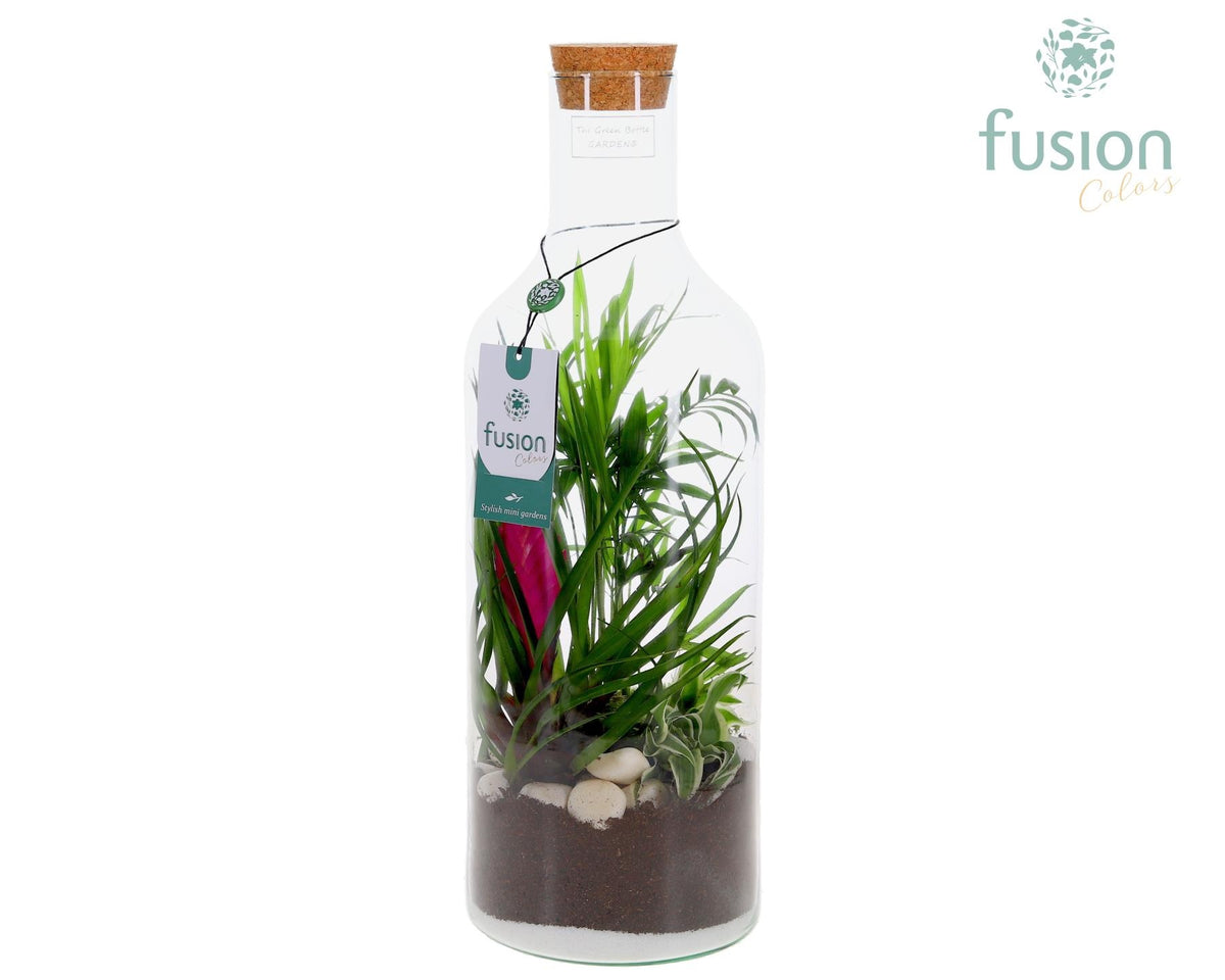 Green Bottle Fles Medium met arrangement 43cm 15cm Pot