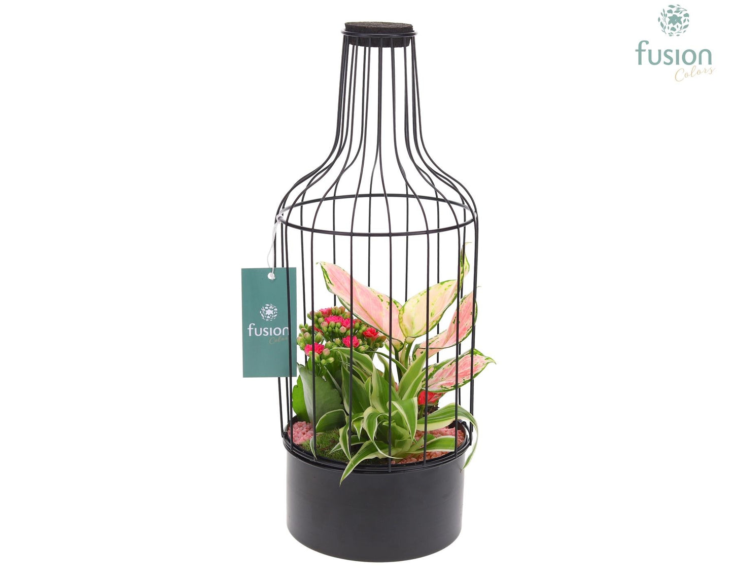 Metaal fles zwart Medium met arrangement 43cm 15cm Pot