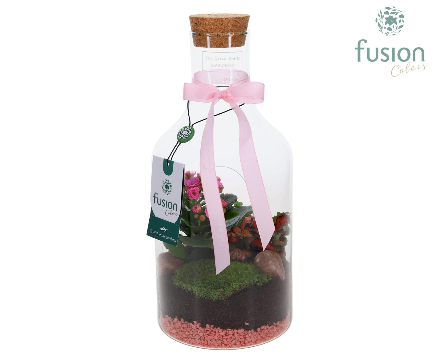 Green Bottle Fles Small Love met Arrangement 33cm 15cm Pot