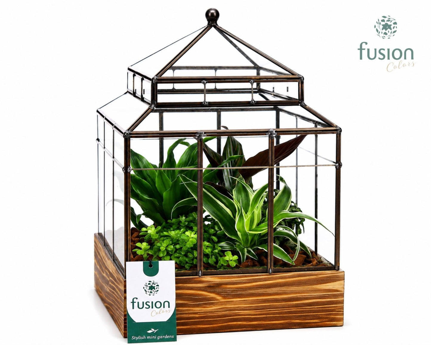 Geometrisch Huis Large op houten basis met arrangement 29cm 21cm Pot