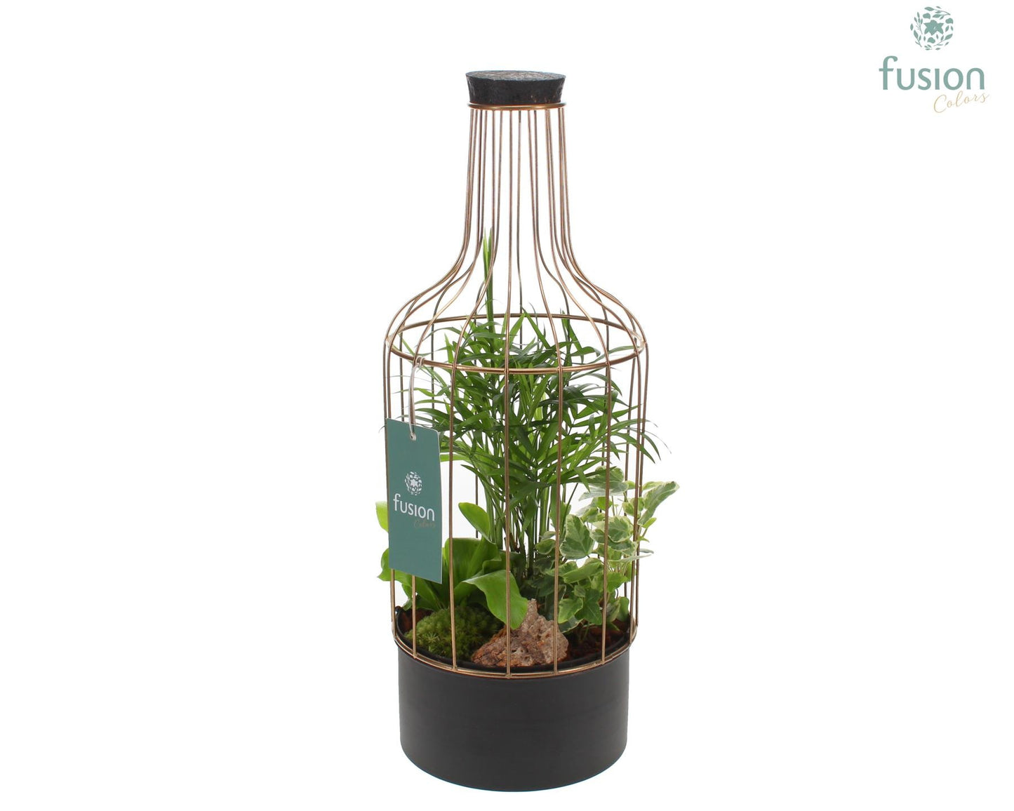 Metaal fles goudzwart Medium met arrangement 43cm 15cm Pot