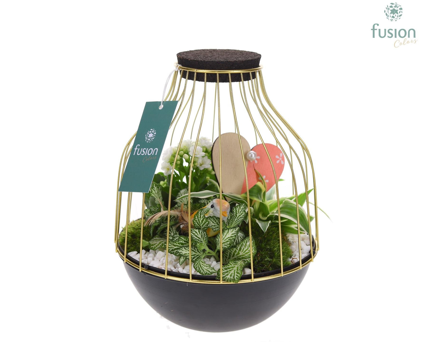 Vogelkooi metaal goudzwart Medium Love met arrangement 25cm 19cm Pot