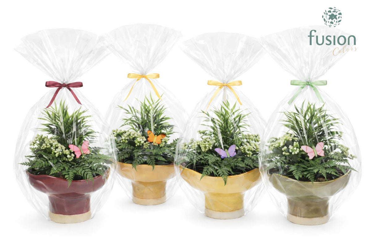 Keramiek schaal op voet Large met Voorjaar Arrangement in klaphoes 43cm 19cm Pot