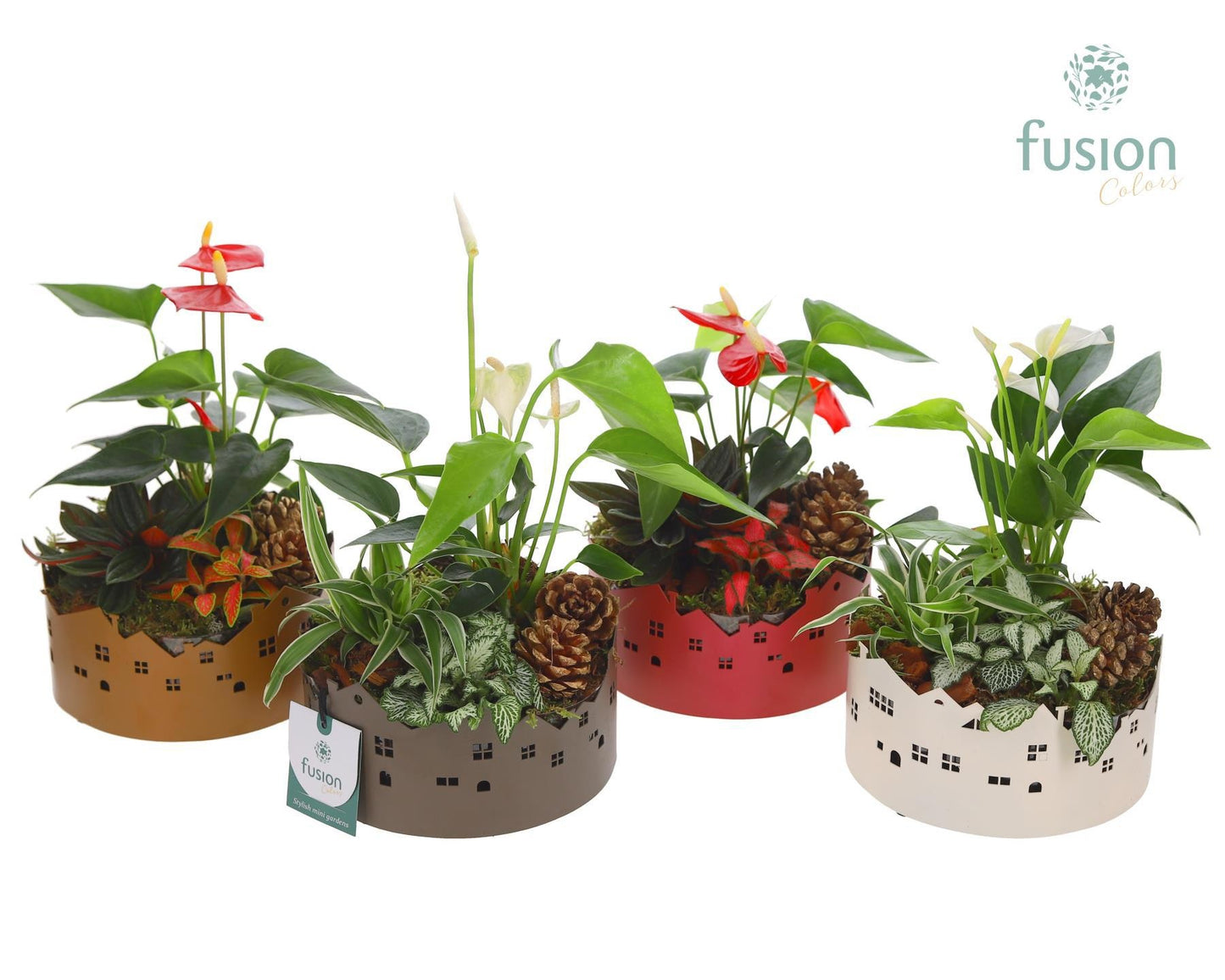 Zinken schaal Huisjes Small met arrangement 29cm 15cm Pot