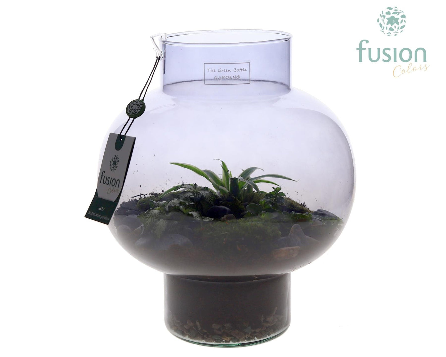 Green Bottle Laura Medium Smoky glas met arrangement 35cm 26cm Pot