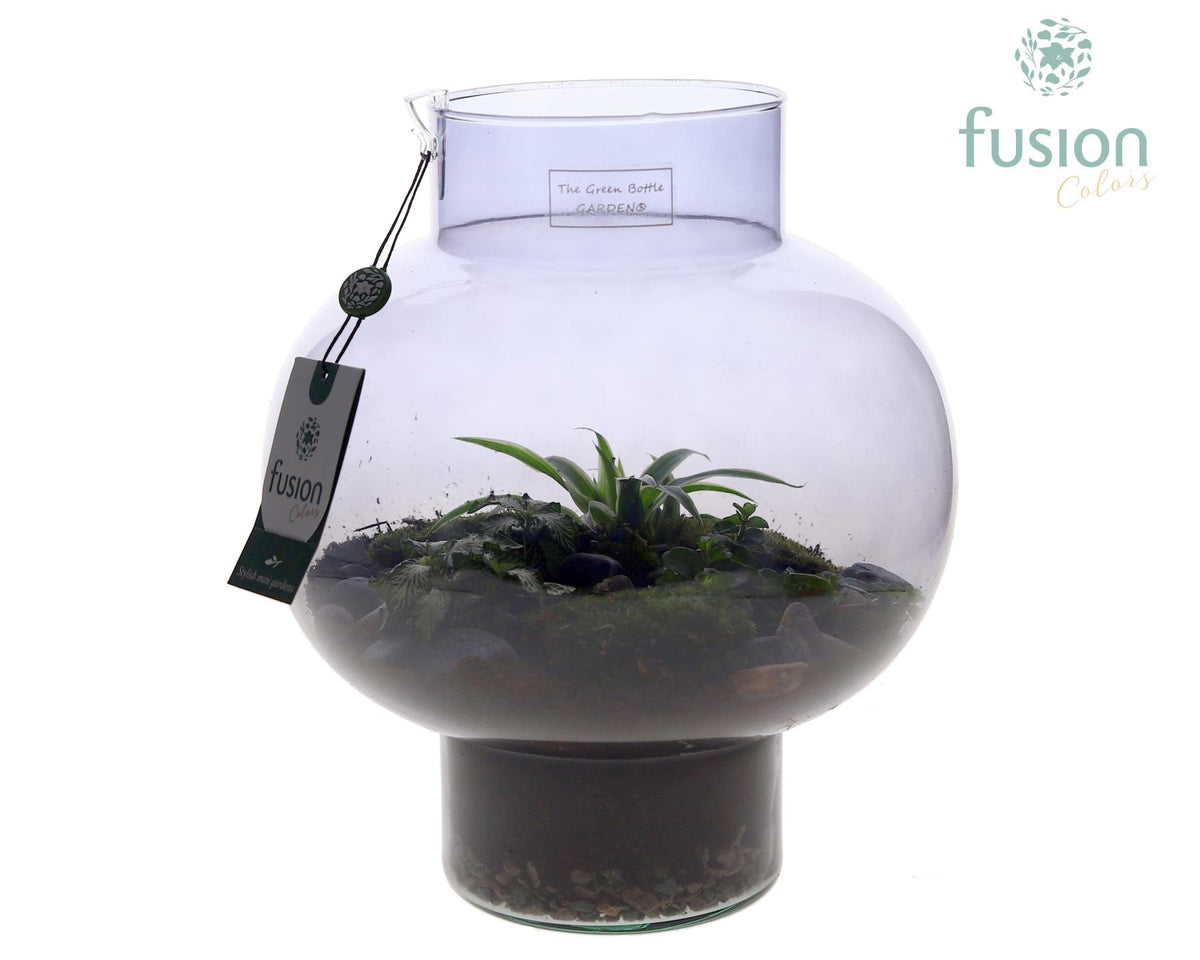 Green Bottle Laura Medium Smoky glas met arrangement 35cm 26cm Pot