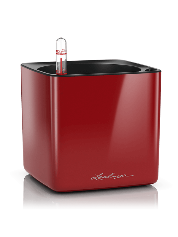 Lechuza Cube Glossy 14 Plant Pot 14cm Height 12cm Dia All Inclusive Set Scarlet Red High-gloss