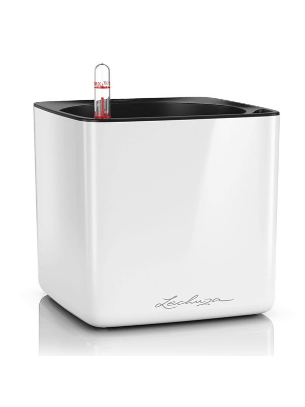 Lechuza Cube Glossy 16 Plant Pot 16cm Height 15cm Dia All Inclusive Set White High Gloss