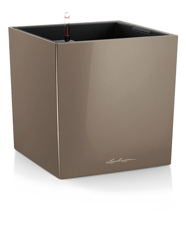 Lechuza Premium Cube 40 Plant Pot 40cm Height 34cm Dia All Inclusive Set Taupe High Gloss