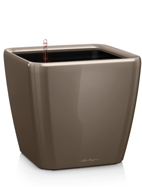 Lechuza Premium Quadro LS 28 Plant Pot 26cm Height 23cm Dia All Inclusive Set Taupe High Gloss