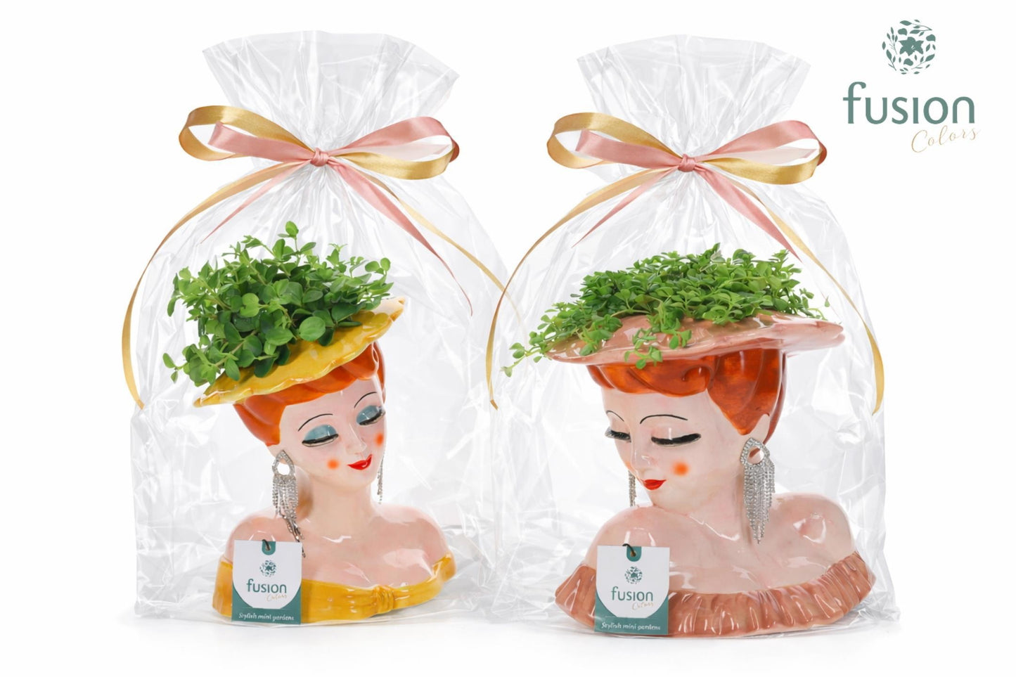 Keramiek Dames met Groenen planten mix in klaphoes 35cm 23cm Pot