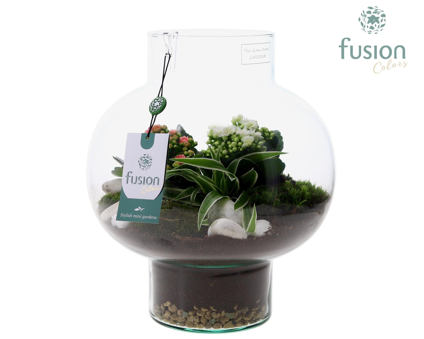 Green Bottle Laura Medium met arrangement 35cm 26cm Pot