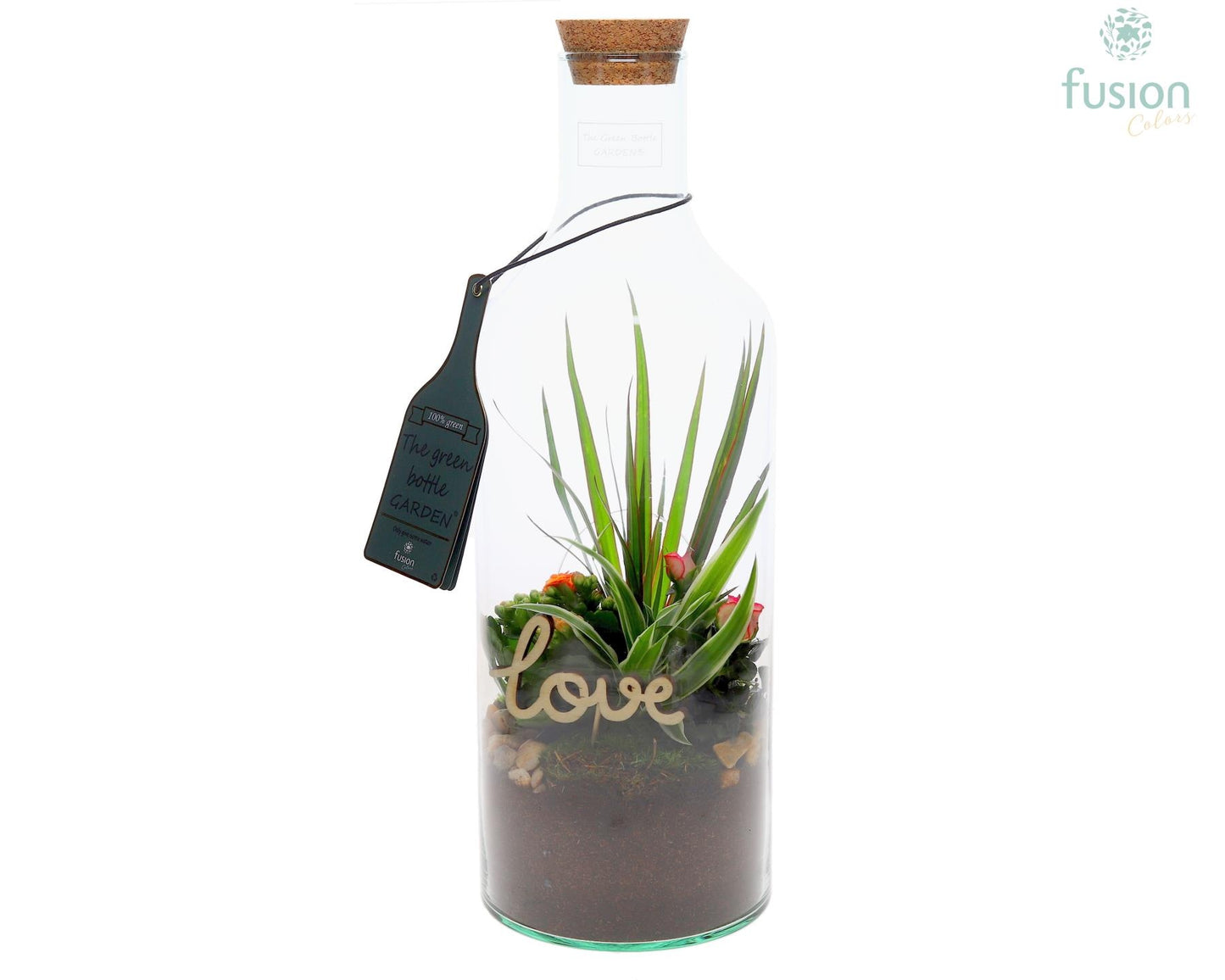 Green Bottle Fles Small Love met arrangement 43cm 15cm Pot