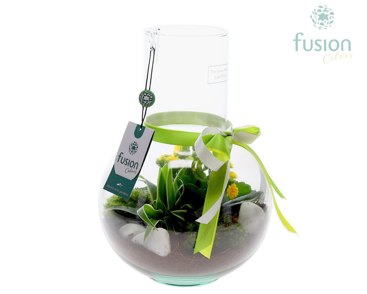 Green Bottle Suzanne Medium met arrangement 29cm 21cm Pot