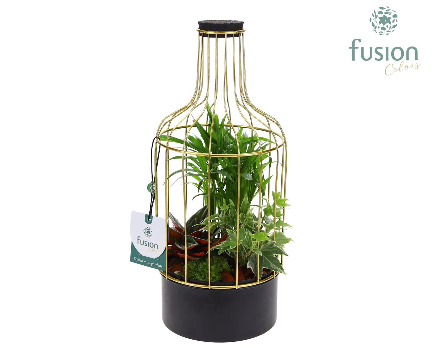 Metalen fles goudzwart Small met arrangement 29cm 13cm Pot