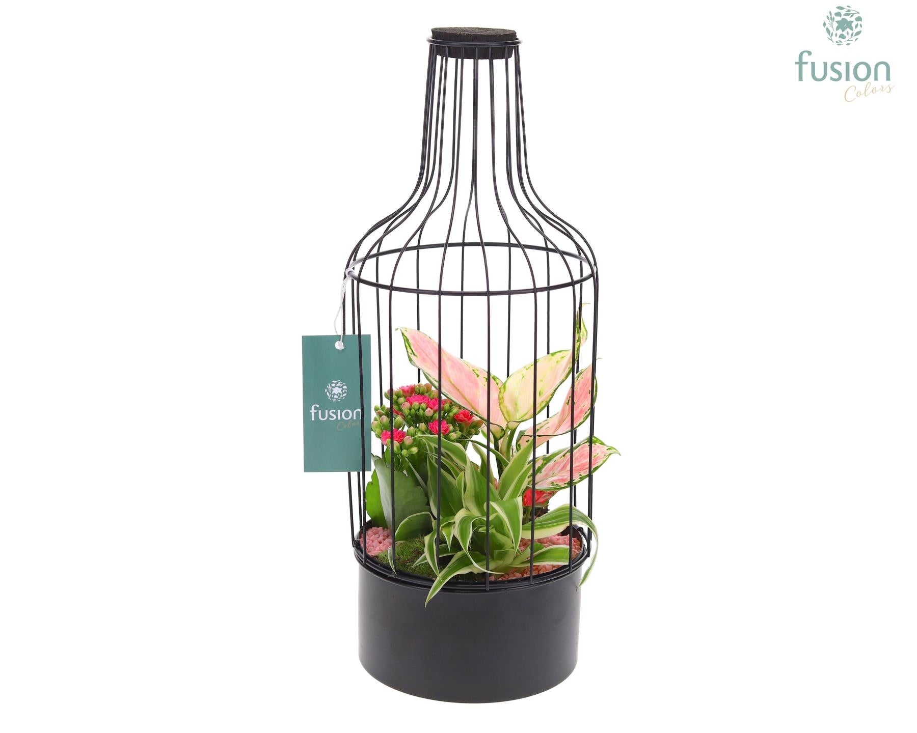 Metaal fles zwart Medium met arrangement 43cm 15cm Pot