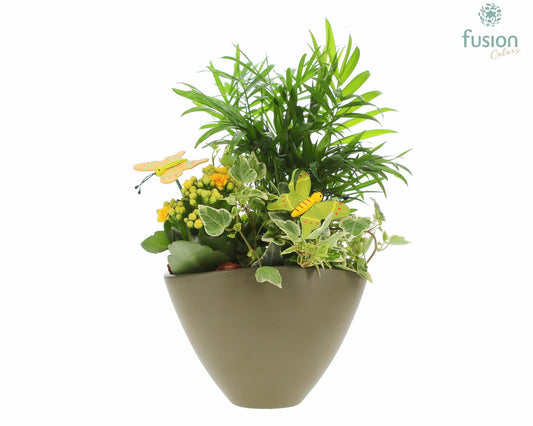 Keramiek bootpot ovaal legergroen Voorjaar met vlinders 35cm 18cm Pot