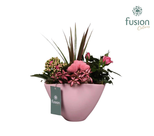 Keramiek bootpot ovaal roze met lovearrangement 29cm 18cm Pot