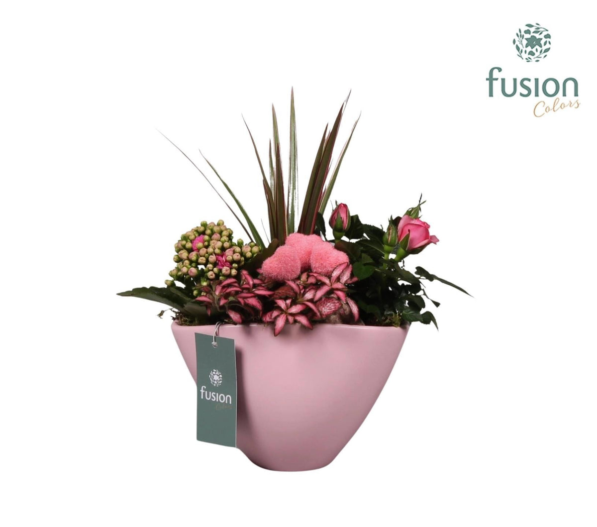 Keramiek bootpot Medium ovaal roze met lovearrangement 29cm 18cm Pot