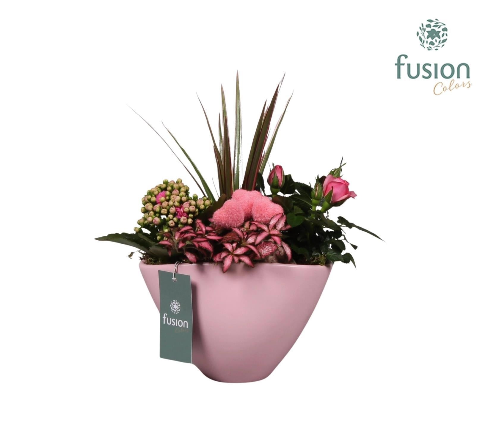 Keramiek bootpot ovaal roze met lovearrangement 29cm 18cm Pot