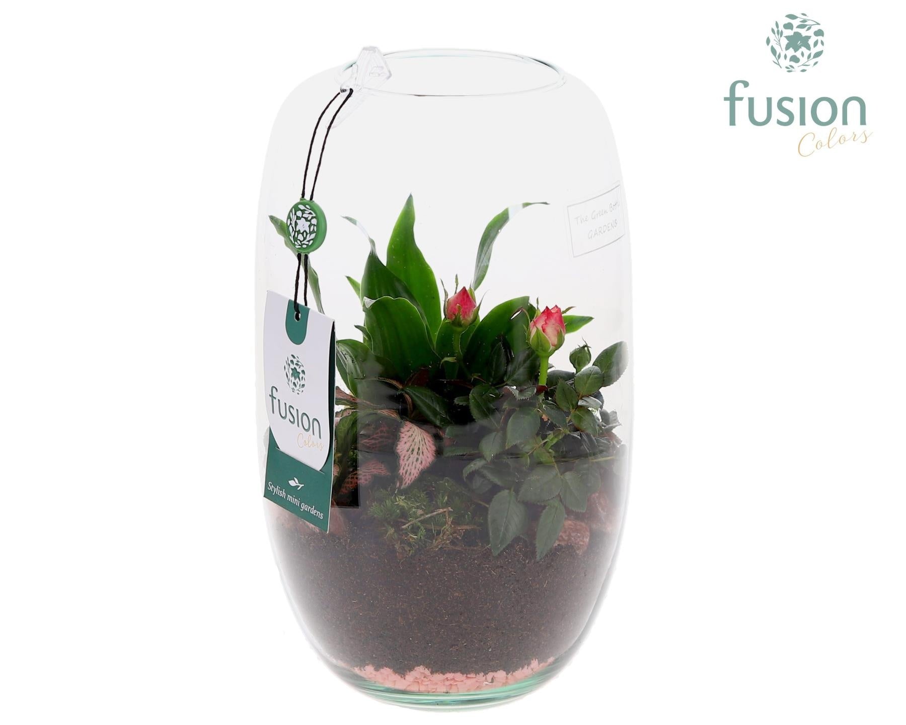 Green Bottle Isabella Medium Love met arrangement 25cm 15cm Pot