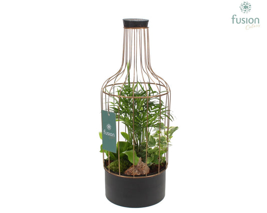 Metaal fles goudzwart Medium met arrangement 43cm 15cm Pot