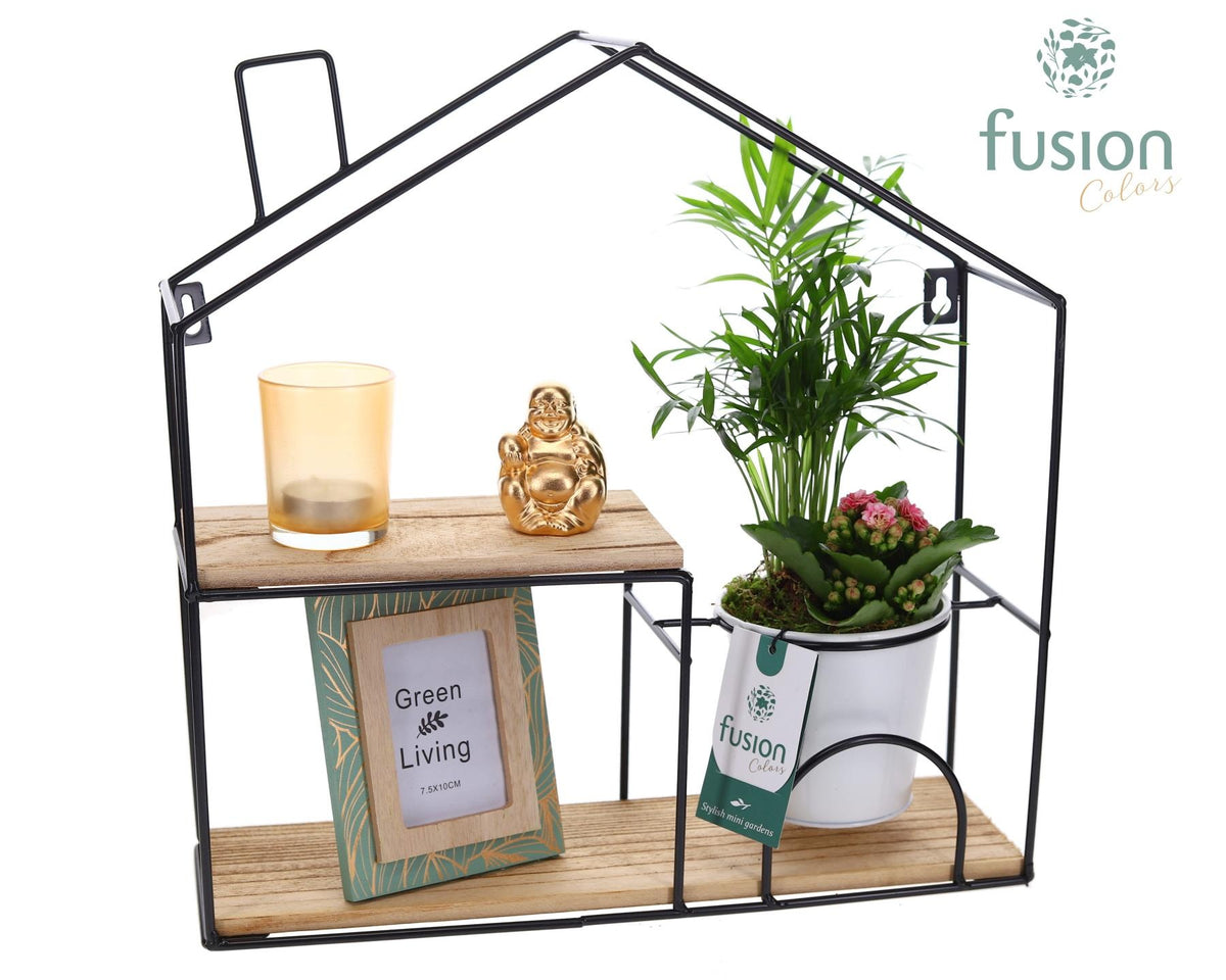 Metaal wandhuis met arrangement 2pp, fotolijstje, buddha en kaars 35cm 36cm Pot