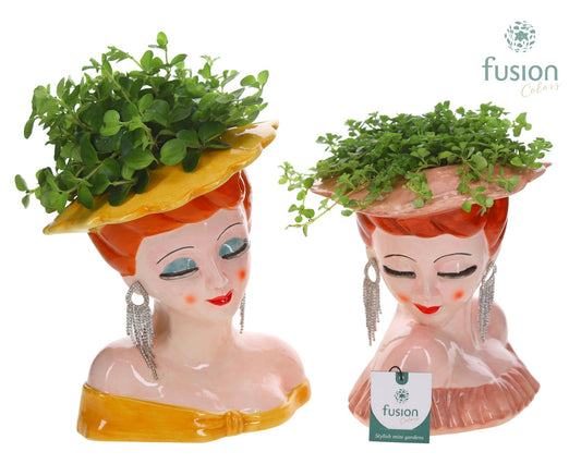 Keramiek Dames met Groenen planten mix 29cm 23cm Pot