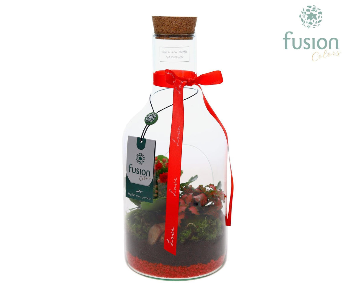 Green Bottle Fles Small Love met Arrangement 35cm 15cm Pot