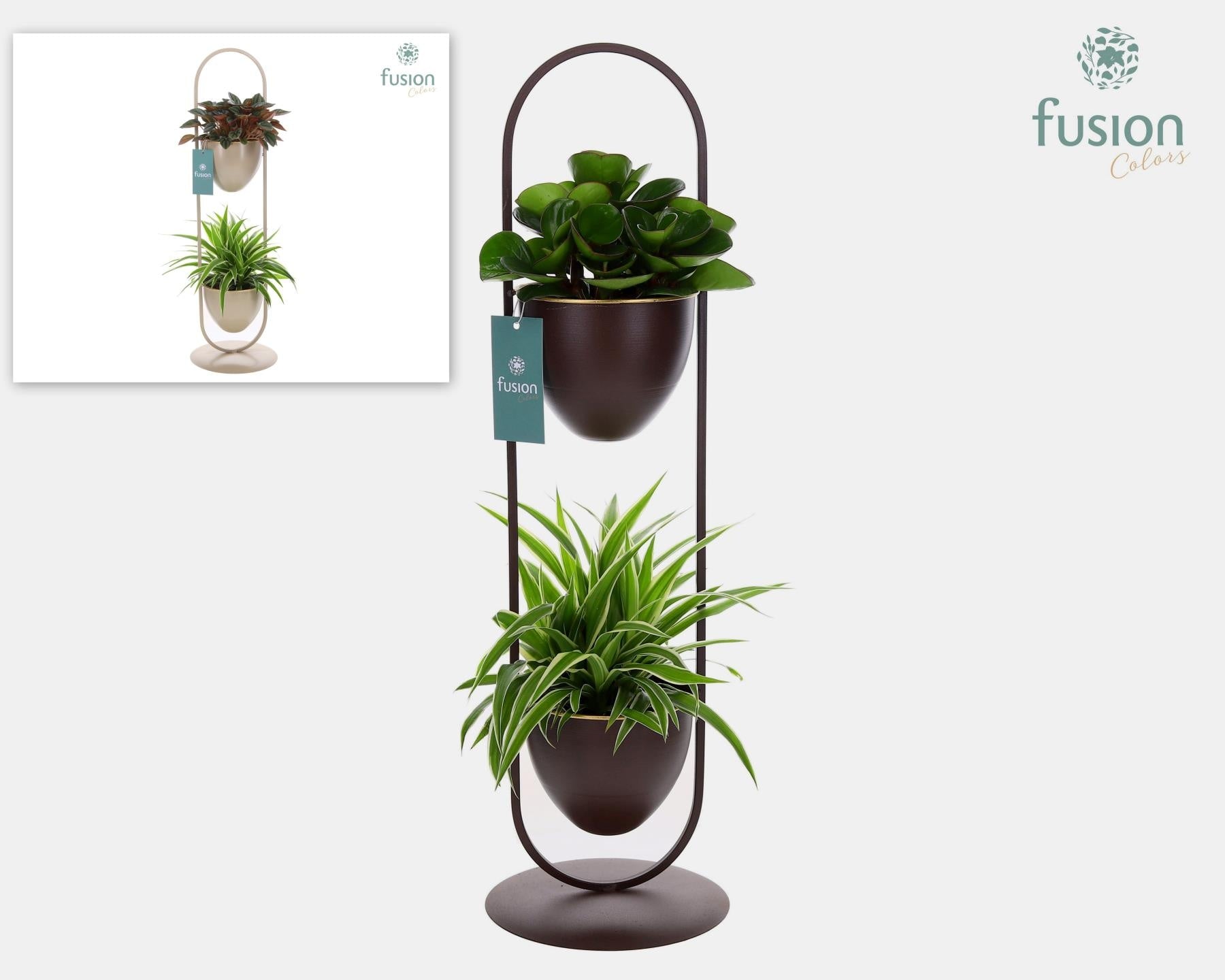 Metaal rek met 2 potten div. kleuren met groene planten 2pp 75cm 18cm Pot