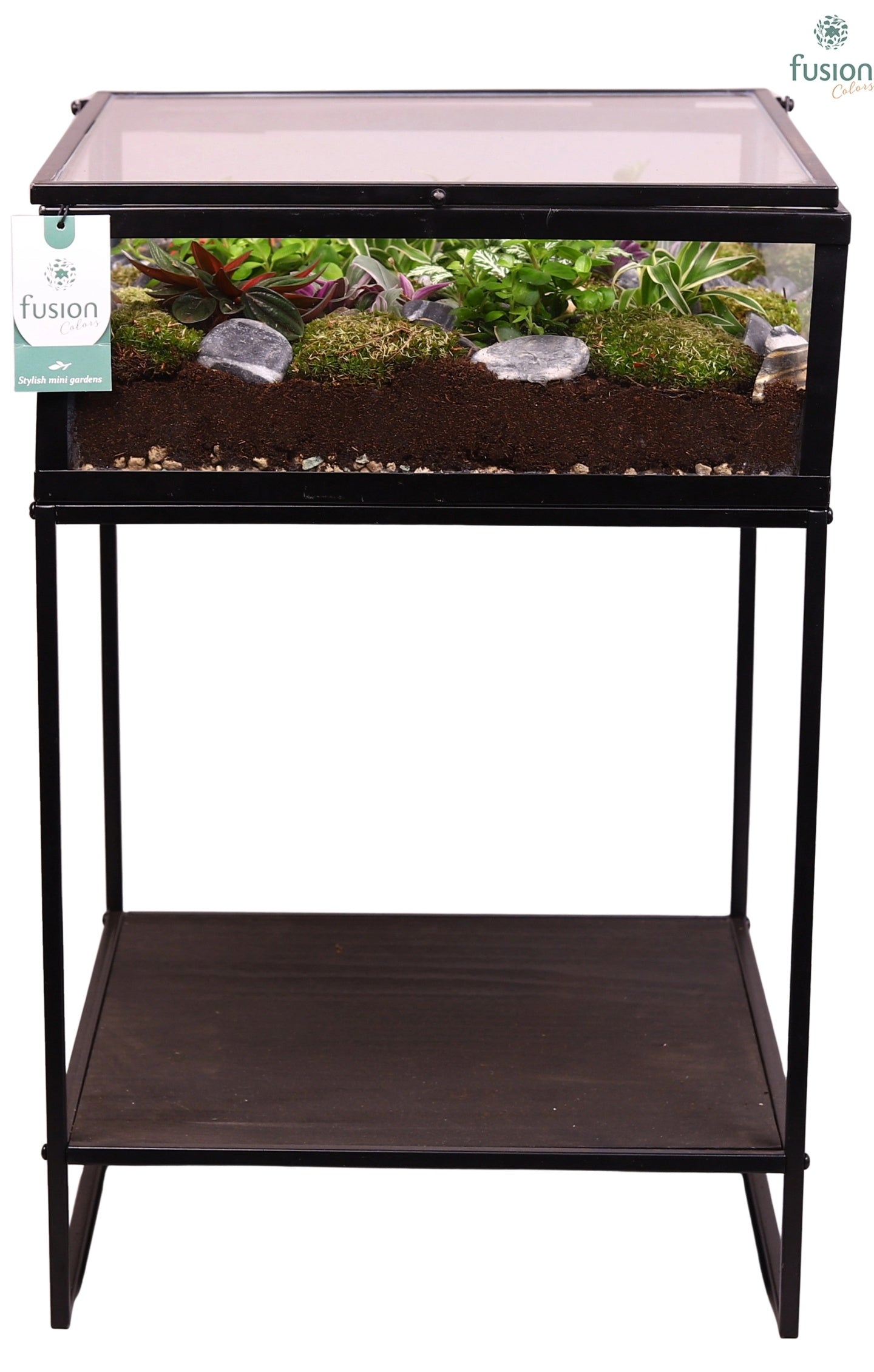 Metaal tafel met Groenen planten arrangement 24 uur levertijd 55cm 38cm Pot