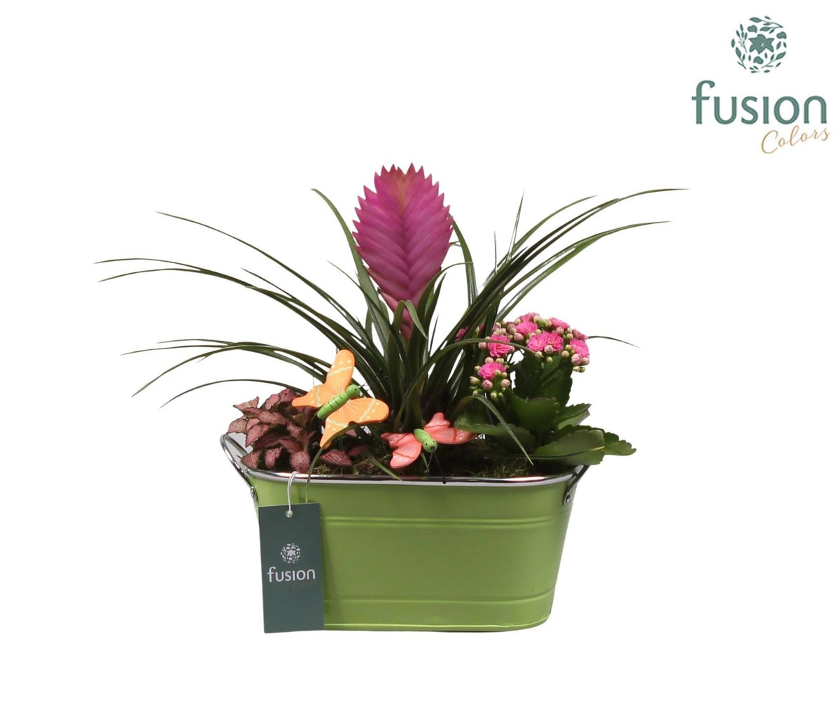 Zinken pot ovaal met voorjaarsarrangement en vlinders 35cm 23cm Pot