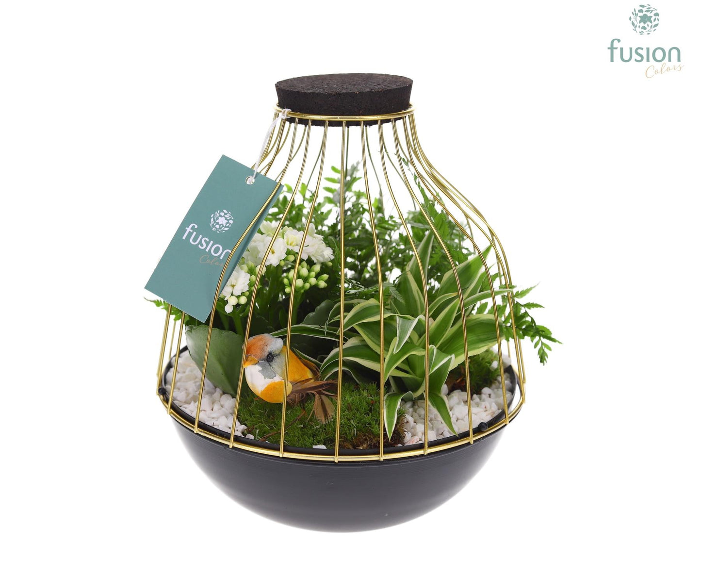 Metaal vogelkooi goudzwart Large met arrangement 25cm 21cm Pot