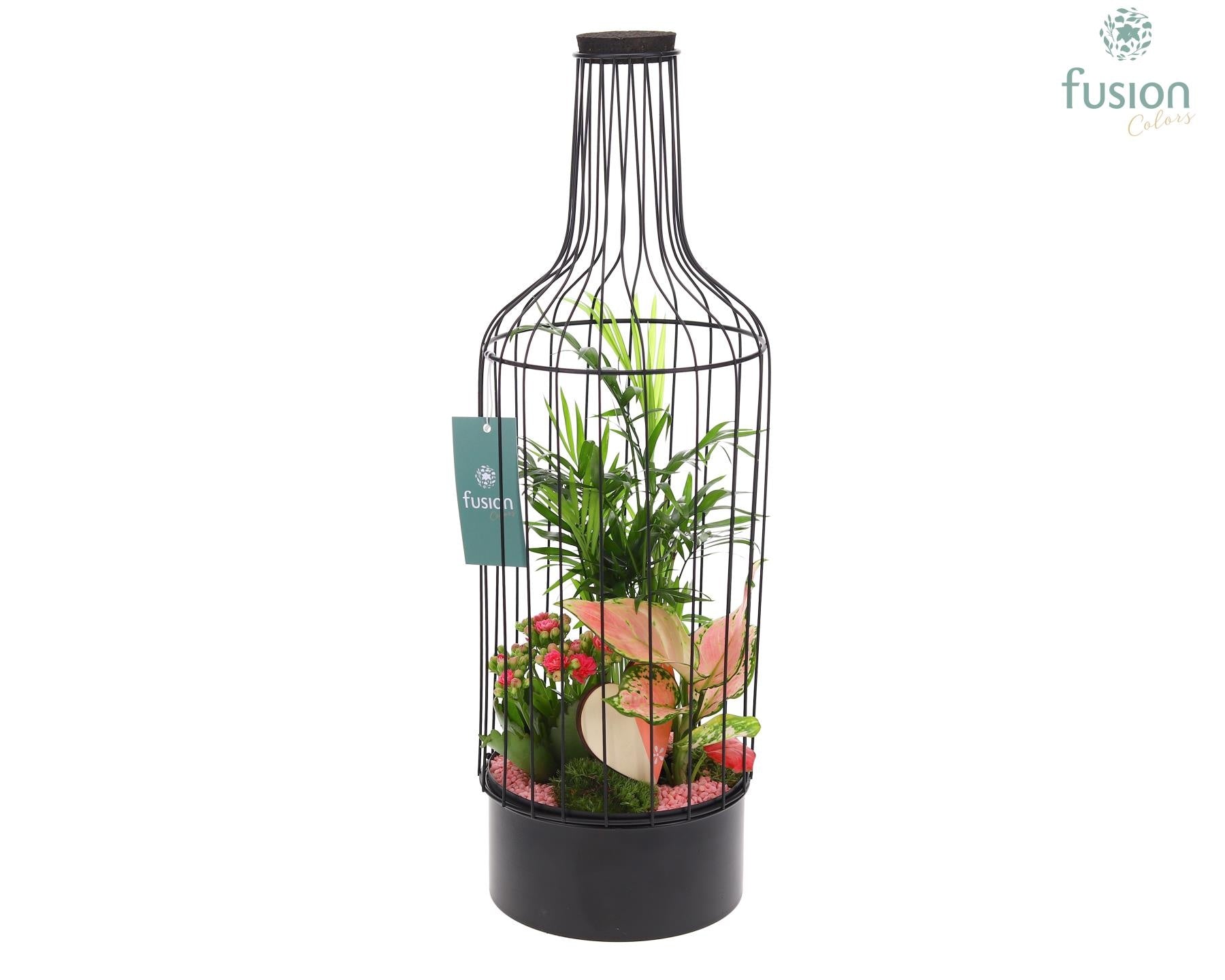 Metaal fles zwart Large Love met arrangement 55cm 17cm Pot