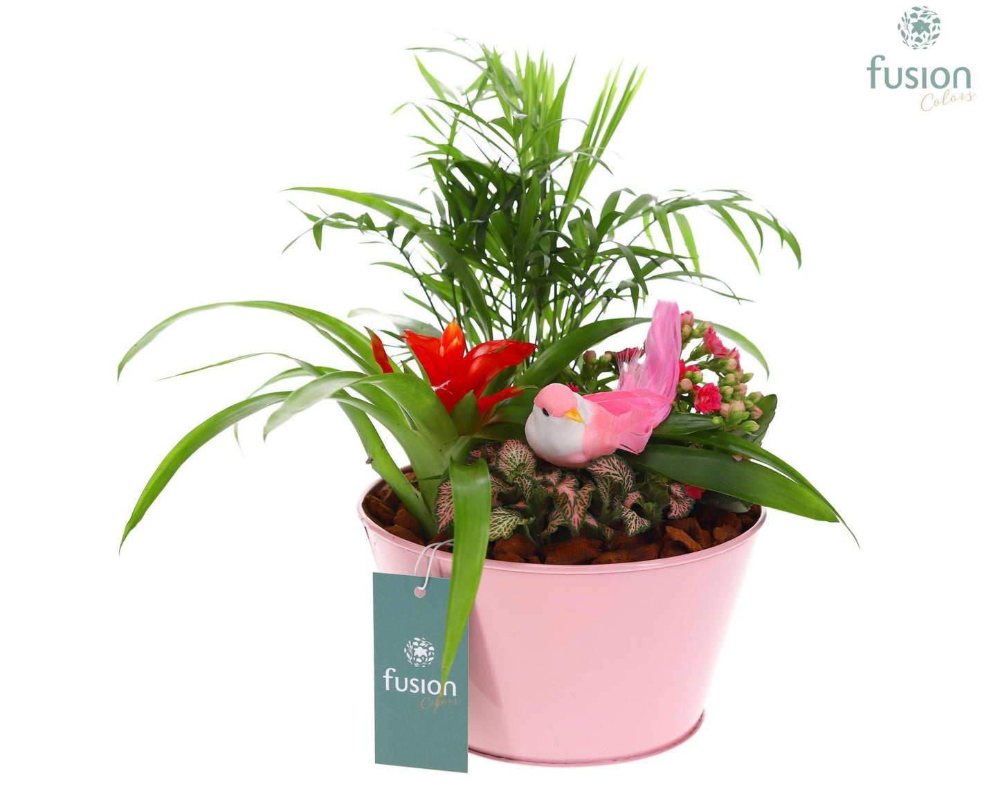 Zinken schaal rond Voorjaar met Arrangement verschillende kleuren 4pp 29cm 18cm Pot