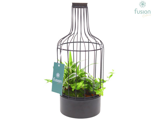 Metaal fles zwart Small met arrangement 29cm 13cm Pot