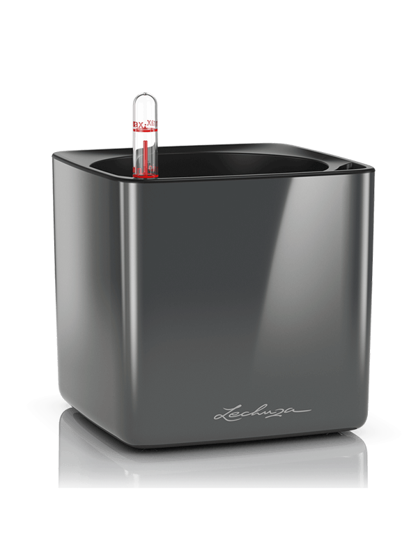 Lechuza Cube Glossy 14 Plant Pot 14cm Height 12cm Dia All Inclusive Set Anthracite High-gloss