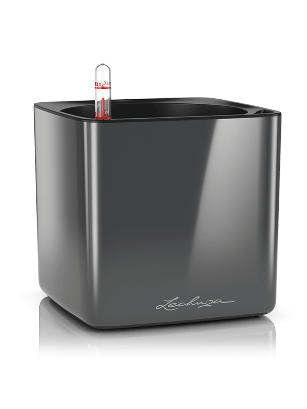 Lechuza Cube Glossy 16 Plant Pot 16cm Height 15cm Dia All Inclusive Set Anthracite High Gloss