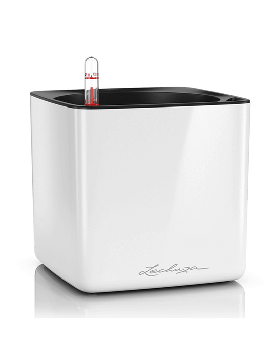 Lechuza Cube Glossy 16 Plant Pot 16cm Height 15cm Dia All Inclusive Set White High Gloss