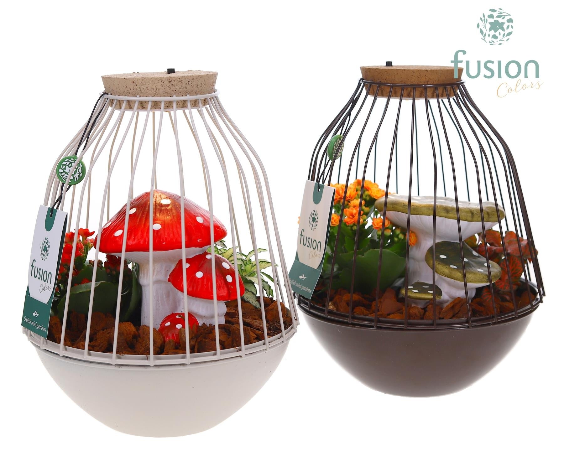 Fusioncolors BV Metaal vogelkooi bruinwit Medium met LED en herfst arrangement Pack of 4