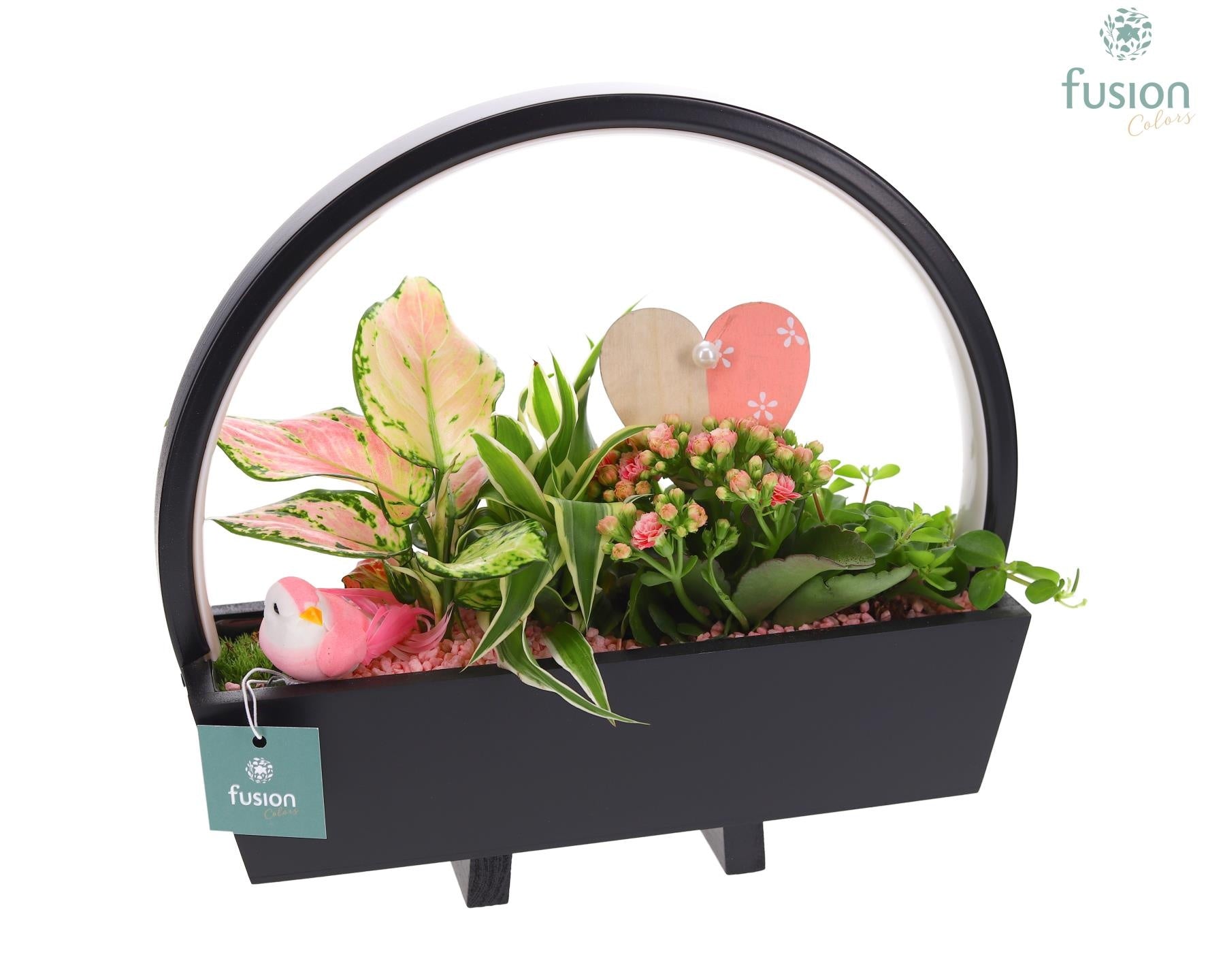 Lamp LED boog hout Love met arrangement 25cm 31cm Pot