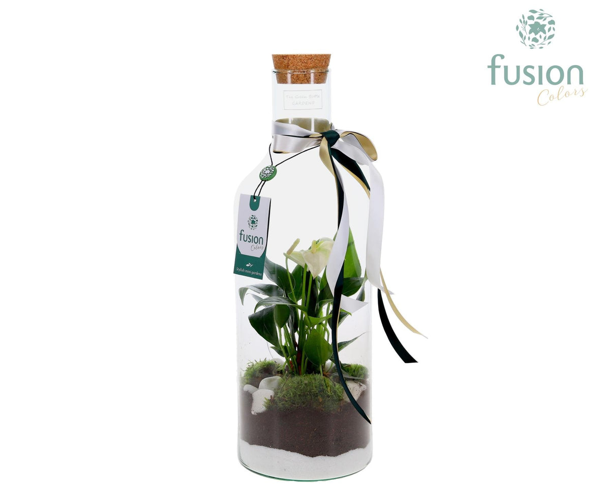 Green Bottle Fles Medium met arrangement 43cm 15cm Pot
