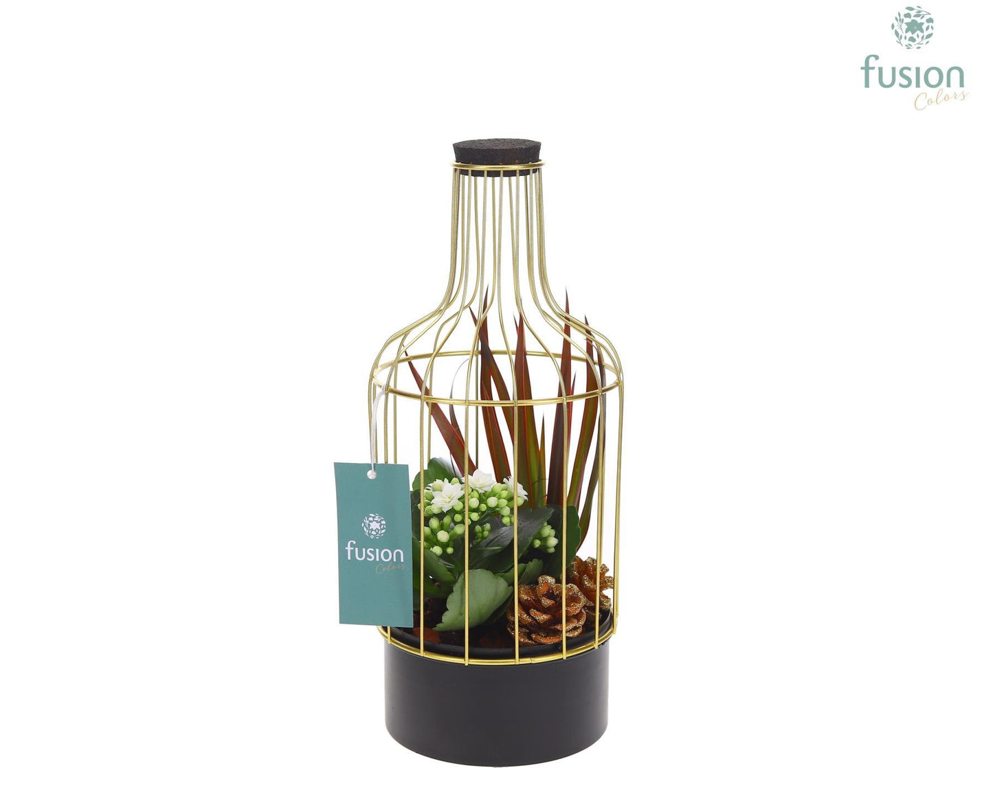 Fusioncolors BV Metalen fles zwart klein met Kerst arrangement Pack of 6