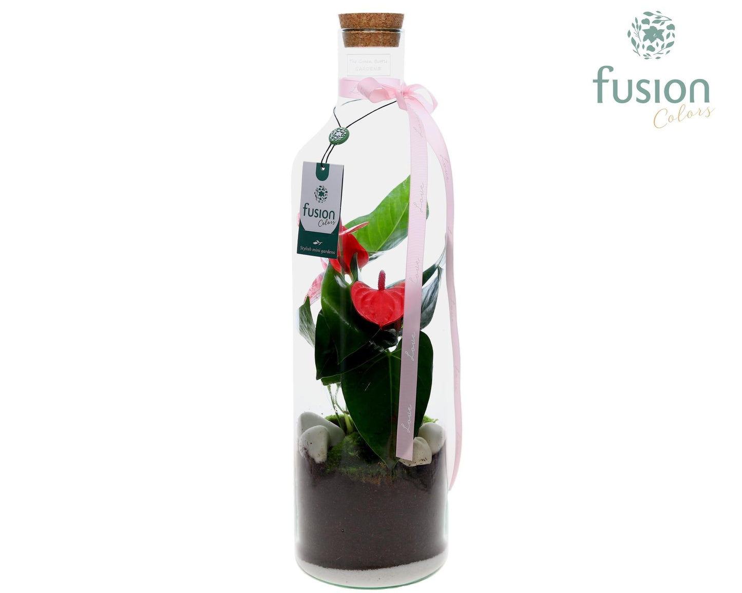 Green Bottle Fles Large Love met Anthurium 55cm 15cm Pot