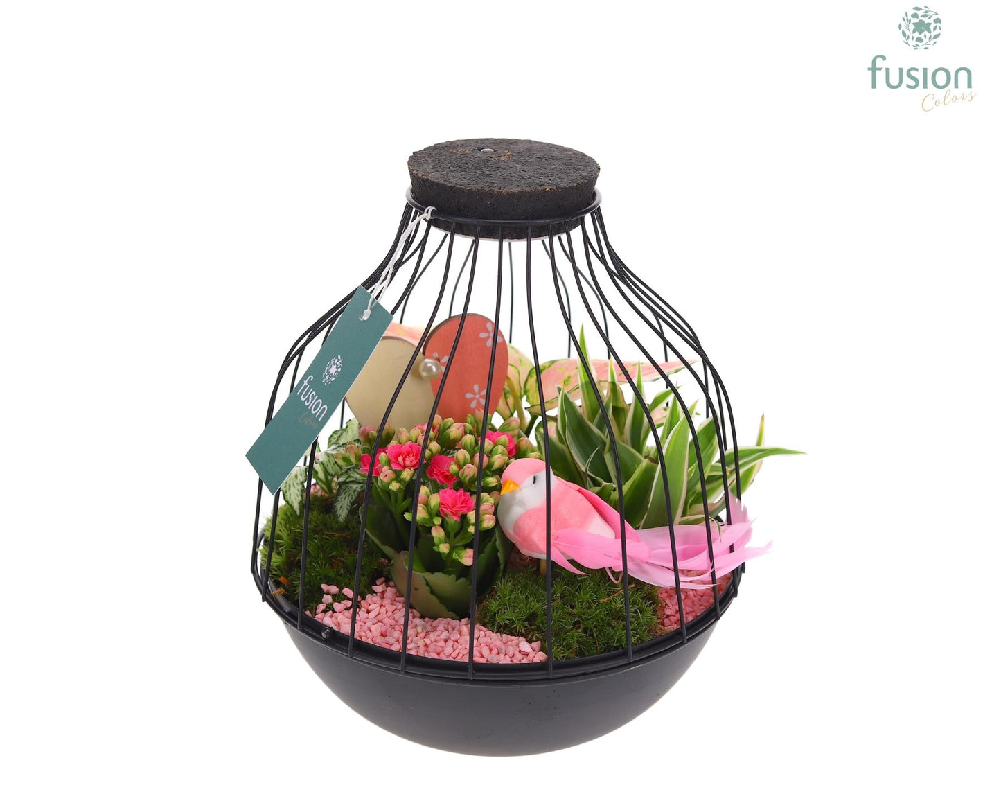 Vogelkooi metaal zwart Large LED Love met arrangement 25cm 21cm Pot
