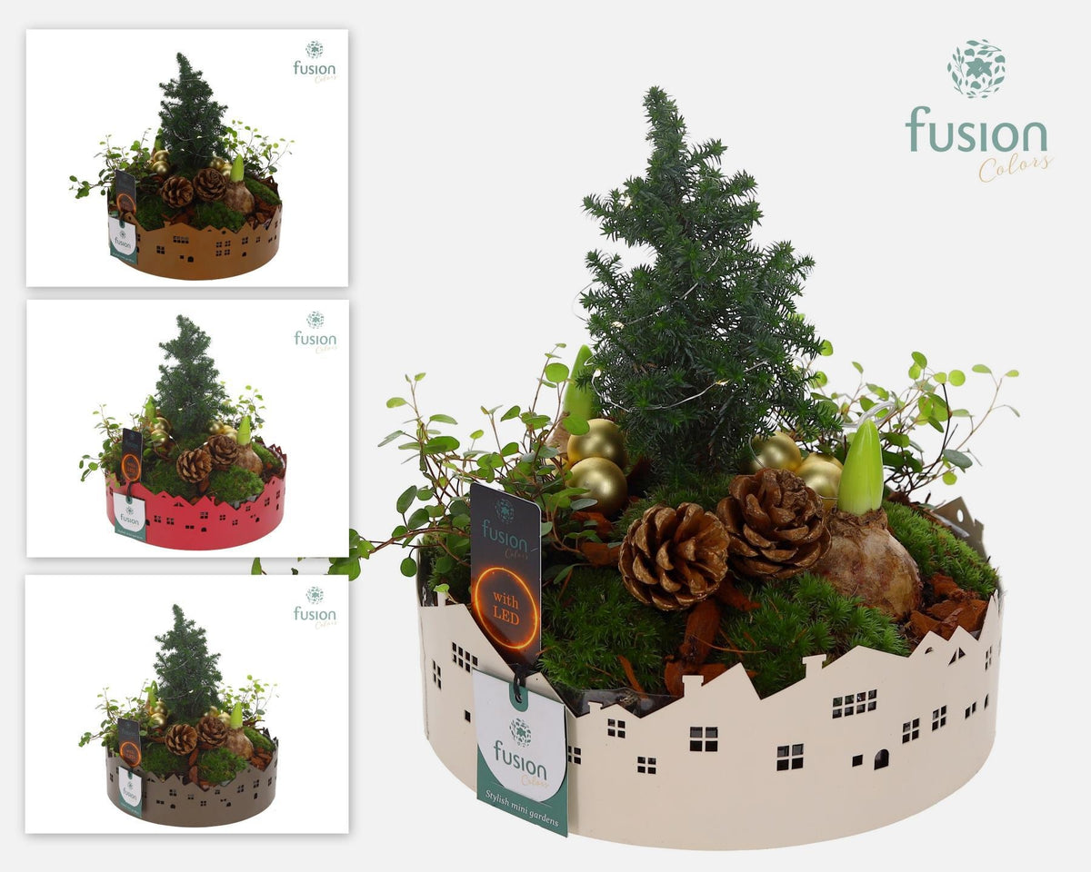 Zinken schaal Huisjes Large met Kerst arrangement LED 5pp 29cm 23cm Pot