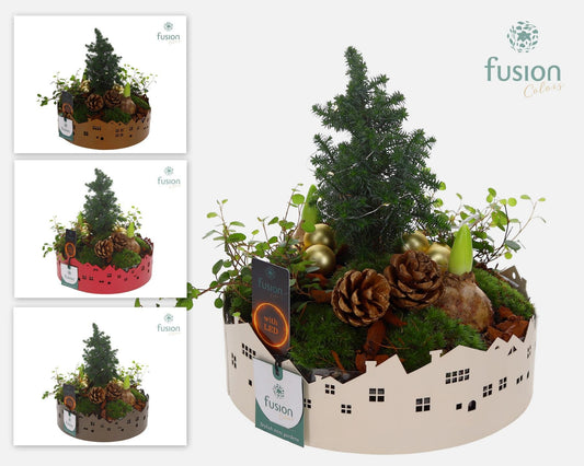 Zinken schaal Huisjes Large met Kerst arrangement LED 5pp 29cm 23cm Pot