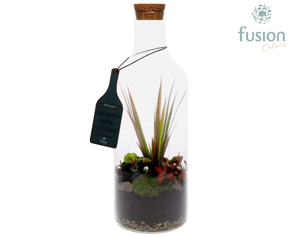 Green Bottle Fles Medium met Arrangement 43cm 15cm Pot