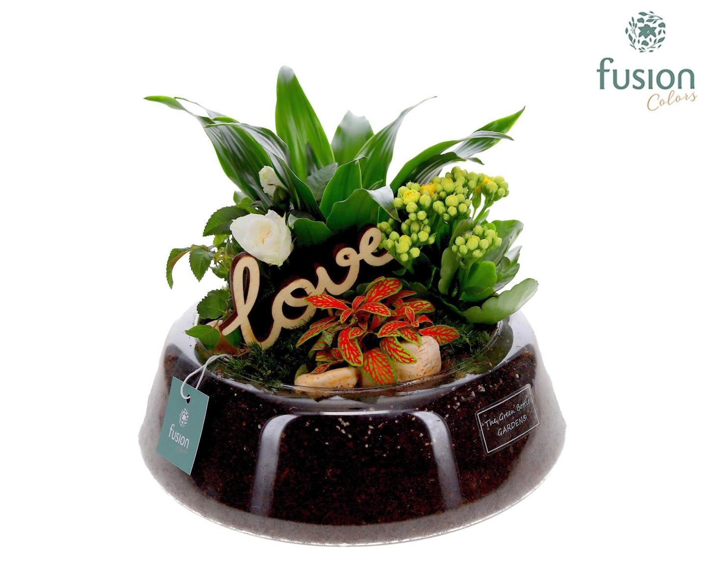 Green Bottle Christel Large Love met arrangement 20cm 24cm Pot