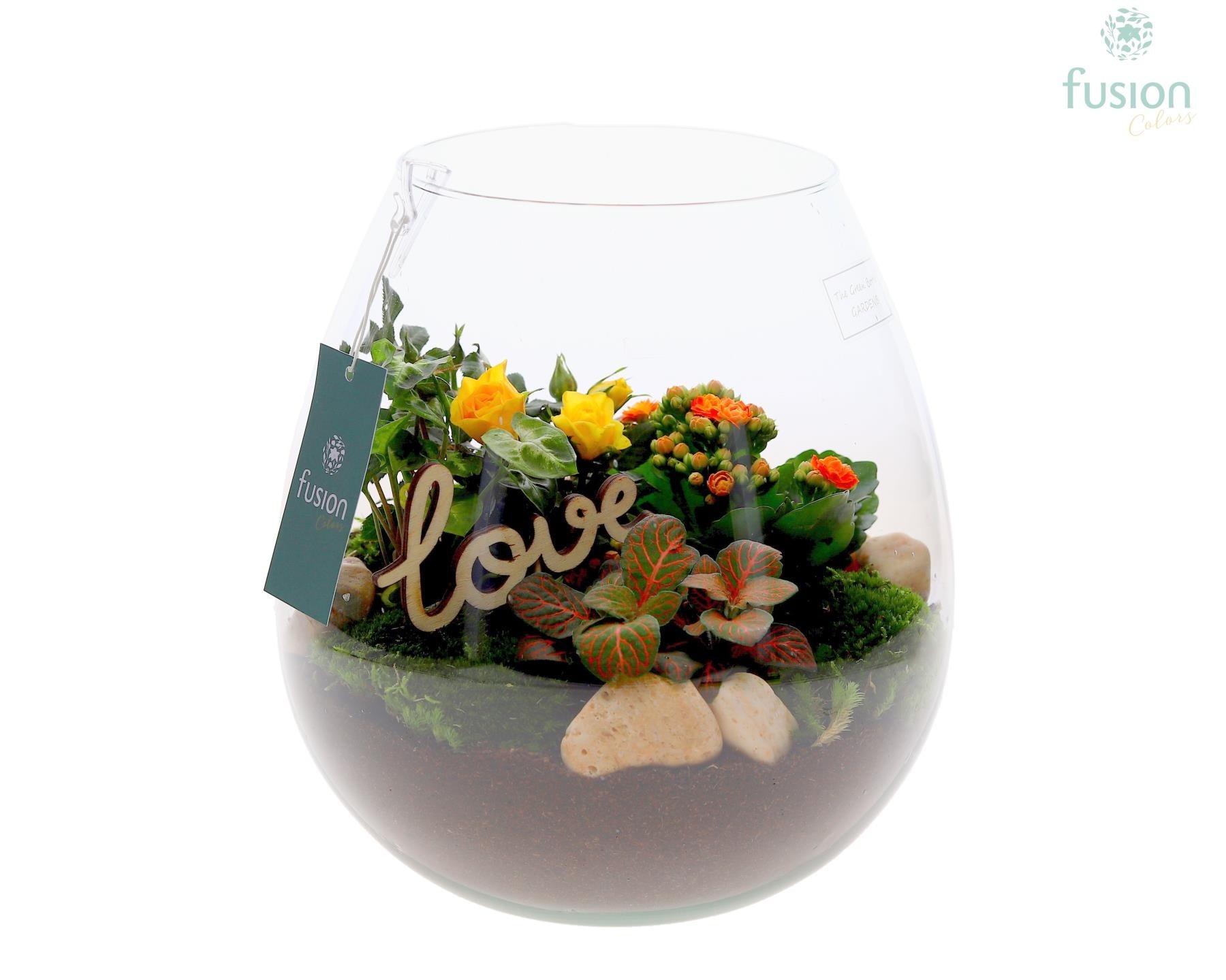 Green Bottle Abby Large Love met arrangement 25cm 24cm Pot